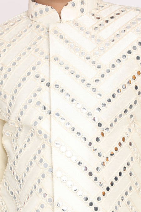 VASTRAMAY Cream Mirror Work Indo Western Baap Beta Set